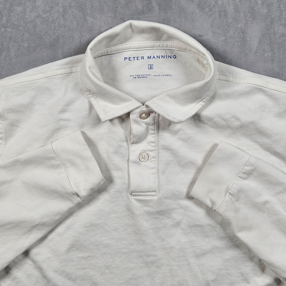 Peter Manning Polo Shirt Mens 2 White Long Sleeve Pima Cotton Stretch‎ Casual